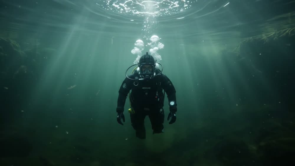 Diver descending into a murky river
