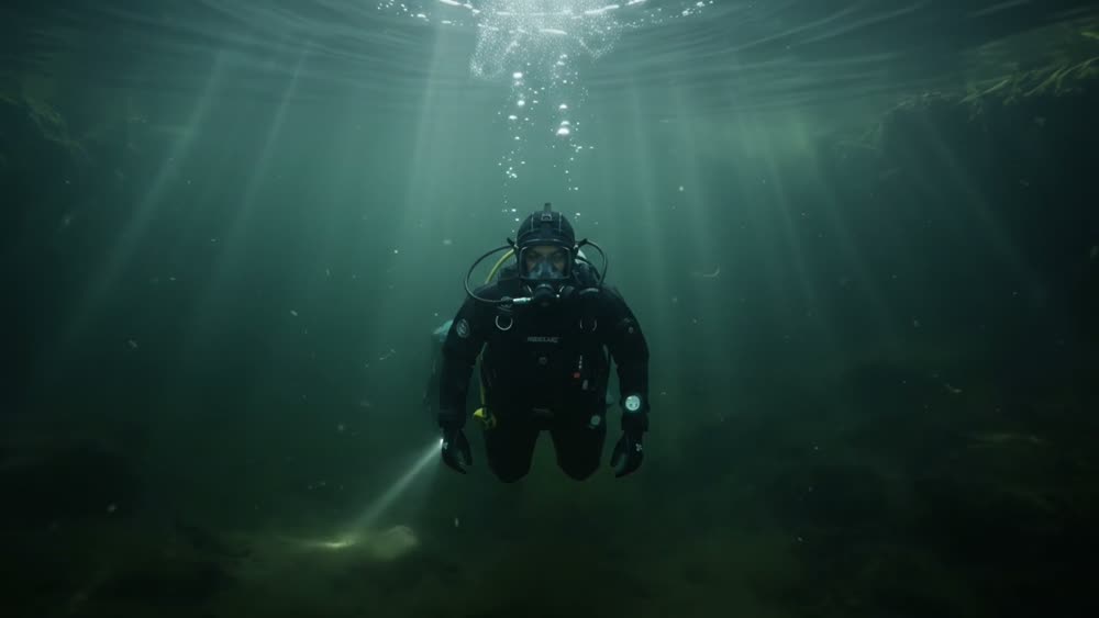 Light shafts cutting through dark water
